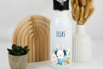 Trinkflasche Kinder personalisiert - Osterei mit Hase Blau