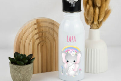 Trinkflasche Kinder personalisiert - Elefanten mit Regenbogen
