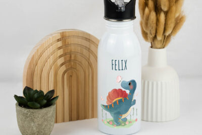 Trinkflasche Kinder personalisiert - Dino mit Schmetterling
